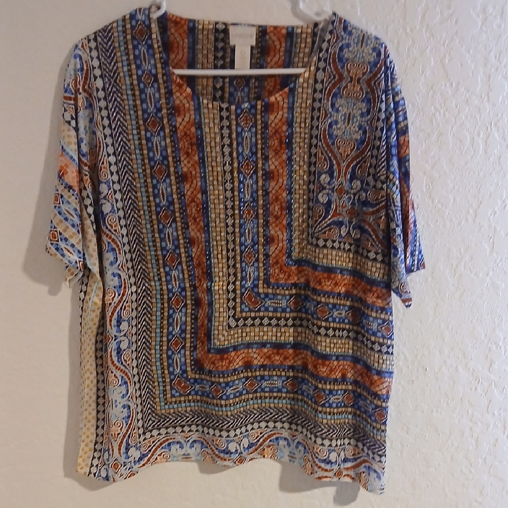CHICO'S Boho Mosaic Tile Print Embellished Tunic Top – Rhinestone Accents Size O
